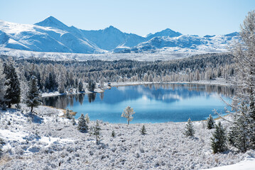 Lake in the mountains. Winter. Mountain landscape. Lake Kidel. Altai.