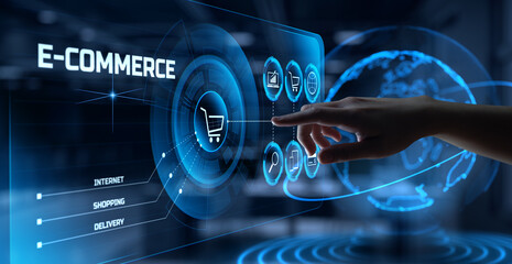 E-commerce Online marketing internet shopping. Hand pressing button on screen.