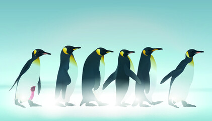 Six penguins in snow. 6 Emperor Penguins on ice in snow storm. Penguins On Snow Covered Land. one injured penguin 