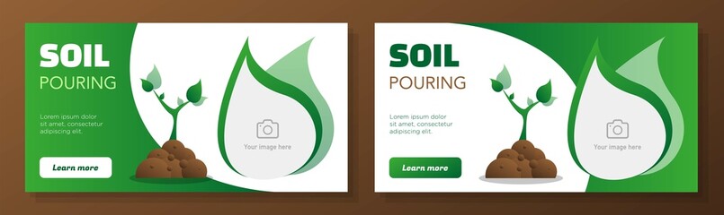 Organic soil pouring banner template set, ecological dirt compost advertisement, healthy farming ad, flyer, leaflet concept, isolated