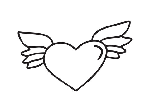 Love monoline icon vector doodle heart with wings. Hand drawn valentine day logo. Decor for greeting card, wedding, mug, photo overlays, t-shirt print, flyer, poster design