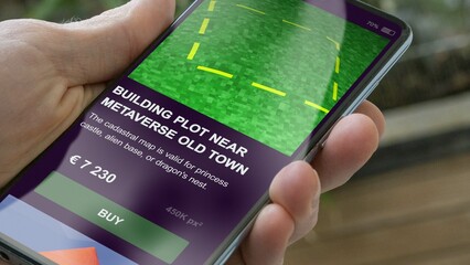 For sale nft plot in the Metaverse, building NFT for investment in a virtual world parcel meta. Real estate decentralized market speculative land token in metaverse.