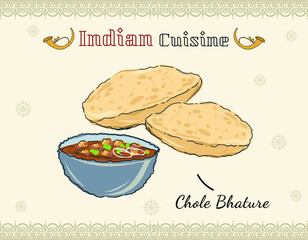 Illustration Indian cuisine. Chole Bhature or Chick pea curry and Fried Puri served in terracotta crockery. Indian cuisine isolated dish colored vector doodle.