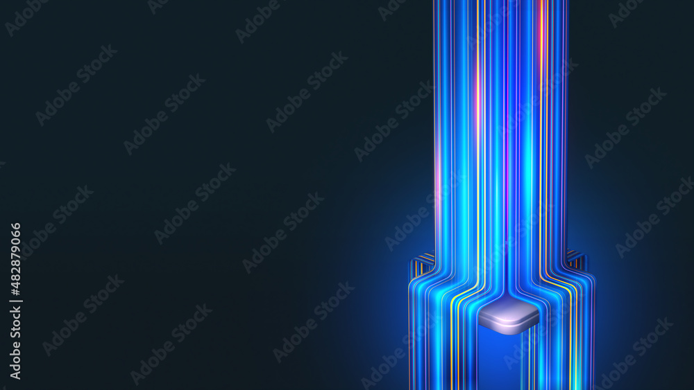 Aufkleber Global information flows, big data analytics. Stream of digital beams flowing around the central processor. 3D illustration of a CPU in neon rays