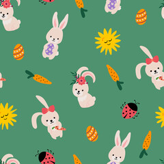 Easter seamless pattern. Drawn Easter bunnies with eggs and carrots. Design for fabric, textile, packaging.
