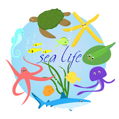 set with cute sea animals and the text Sea Life. Vector illustration in a flat style under water