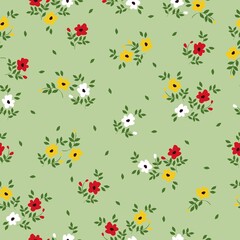 Seamless vintage pattern. White, yellow and red flowers, green leaves. Light green background. vector texture. fashionable print for textiles, wallpaper and packaging.