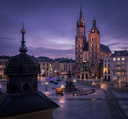 Main Square in Krakow at night, view on Saint Mary's Basilica, Poland