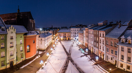 Obraz premium Panorama of Small Market Square (Maly Rynek) in Krakow at night in winter, Poland