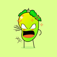 cute mango character with angry expression. green and orange. suitable for emoticon, logo, mascot. one hand raised, eyes bulging and mouth wide open