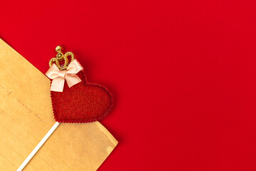 Vintage love letters with red heart. Valentines Day, 14th February concept, bright red background,...