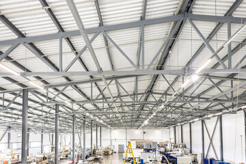 General panoramic view of the factory from the inside. Roof, production halls and warehouses