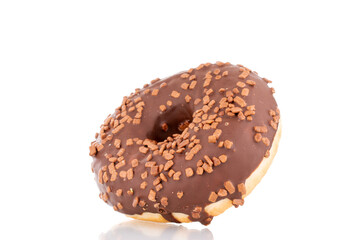 One sweet chocolate donut , macro, isolated on white.