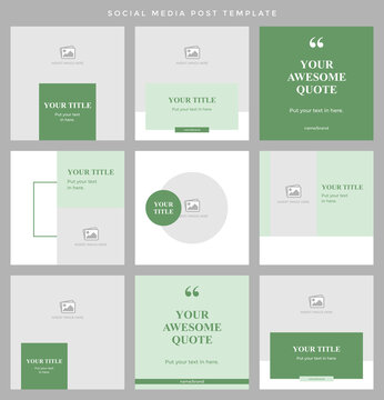 Social media post template. Nine editable page or banner, fit for promotion and microblog, minimalist concept with army and ghost green color theme.
