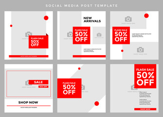 Social media post template. Six editable page or banner, fit for all sale promotion, minimalist concept with red and white color theme.