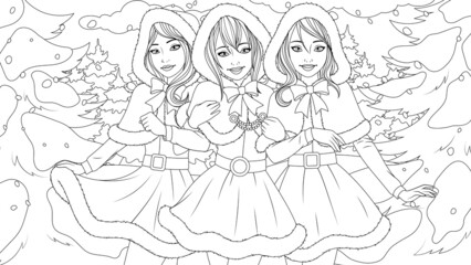 Vector illustration, beautiful girls-friends in Christmas dresses posing in nature