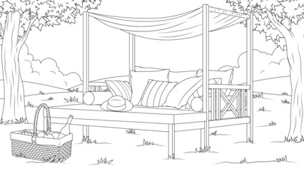 Obraz premium Vector illustration, outdoor picnic gazebo, coloring