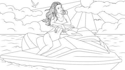 Vector illustration, a beautiful girl rides a jet ski, seaside vacation