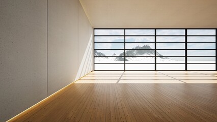 house with big glass window and wooden floor