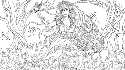 Fototapeta na wymiar Vector illustration, forest fairy in the meadow