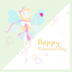 Happy Valentine's banner. Fairy flies with bow and arrow in hands background stock vector illustration for web, for print