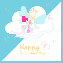 Happy Valentine's banner. Fairy flies with red heart in hands on clouds background stock vector illustration for web, for print