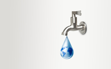 Steel less steel Tap or Faucet closeup with dripping water drop with world map inside water on white background, Water day and save water concept