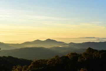 sunrisie or sun setting behind a dense forest area followed by mountains	