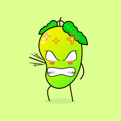 cute mango character with angry expression. green and orange. suitable for emoticon, logo, mascot. one hand raised, eyes bulging and grinning