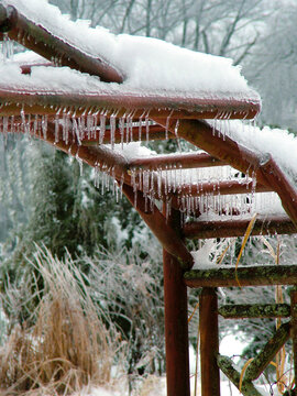 Vertical image of a large wooden garden arbor with icicles and snow in winter garden