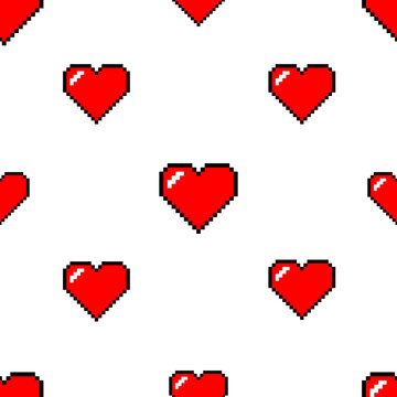 Pixel red heart seamless pattern on white background. Valentine's day, love sign. Retro style. Vector illustration.