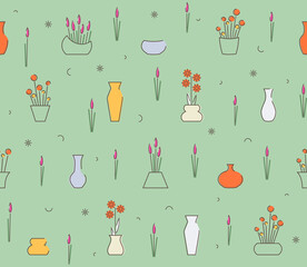 Flowers in vases and vases for flowers, seamless vector illustration on a light green background.