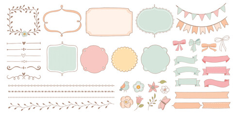Rustic hand drawn wedding, Christening design elements set. Flower doodles,leaves, bird, ribbons, banners and frames. Save the Date cards, Wedding invitations, Thank You cards. - obrazy, fototapety, plakaty