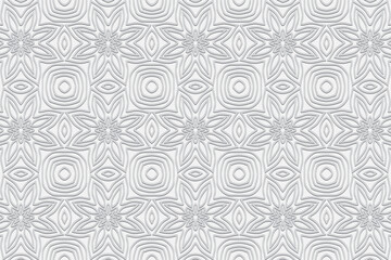 Embossed floral white background, vintage cover design, ethno style. Geometric monochrome 3D pattern. National flavor of the peoples of the East, Asia, India, Mexico, the Aztecs.