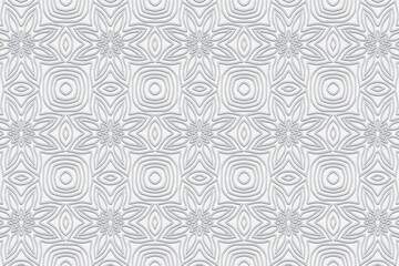 Embossed floral white background, vintage cover design, ethno style. Geometric monochrome 3D pattern. National flavor of the peoples of the East, Asia, India, Mexico, the Aztecs.