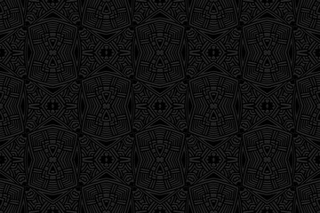 Embossed exotic black background, vintage cover design, ethno style. Geometric monochrome 3D pattern. National flavor of the peoples of the East, Asia, India, Mexico, the Aztecs.
