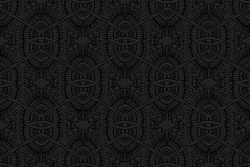 Embossed ornamental black background, vintage cover design, ethno style. Geometric monochrome 3D pattern. National flavor of the peoples of the East, Asia, India, Mexico, the Aztecs.