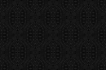 Fototapeta premium Embossed decorative black background, vintage cover design, ethno style. Geometric monochrome 3D pattern. National flavor of the peoples of the East, Asia, India, Mexico, the Aztecs.