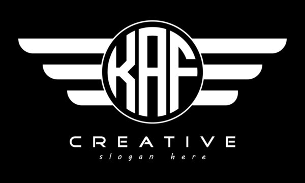 KAF three letter monogram type circle letter logo with wings vector template.