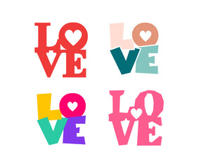 Set of Love happy Valentines day card. Heart in the center of the letter. Collection of colored letters. Decorative element for the holiday. Vector font Type.