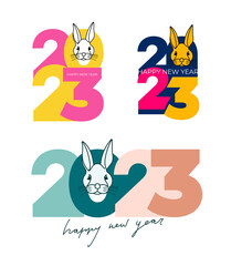 Set of Happy new year 2023. Chinese New Year 2023. Christmas symbols for your design. Vector Illustration with labels. Year of the rabbit, Chinese traditional.
