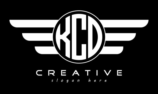 KCO three letter monogram type circle letter logo with wings vector template.