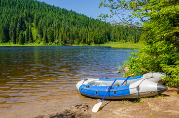 Majestic mountain lake with Mount Hood background in Oregon, USA.