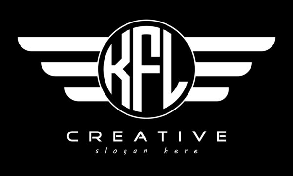 KFL three letter monogram type circle letter logo with wings vector template.