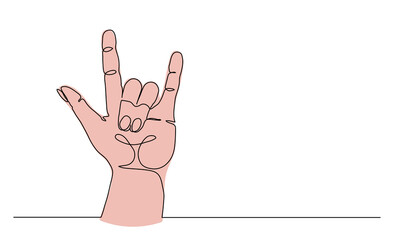 Hand gesture, coolness and rock symbol or sign. One continuous line art drawing vector illustration of arm cool gesture