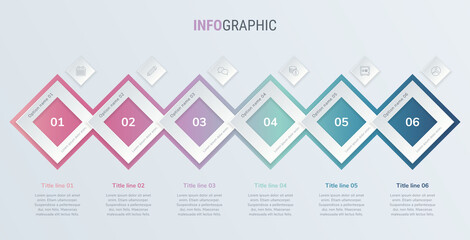 Abstract business square infographic template in vintage colors with 6 steps. Colorful diagram, timeline and schedule isolated on light background