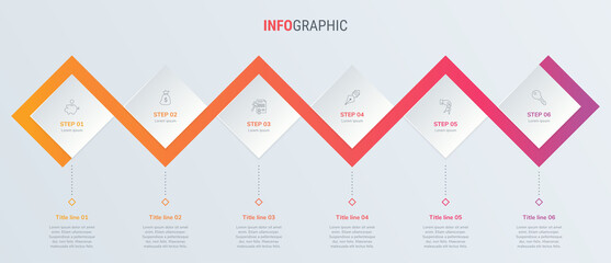 Red timeline infographic design vector. 6 options, square workflow layout. Vector infographic timeline template