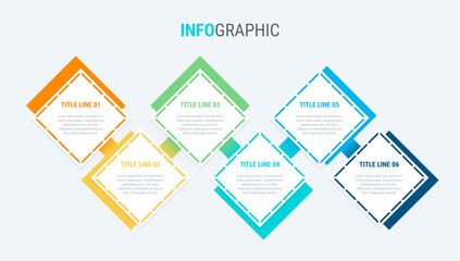 Colorful diagram, infographic template. Timeline with 6 options. Square workflow process for business. Vector design