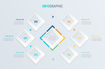 Timeline infographic design vector. 6 steps, square workflow layout. Vector infographic timeline template