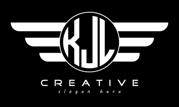 KJL three letter monogram type circle letter logo with wings vector template.
